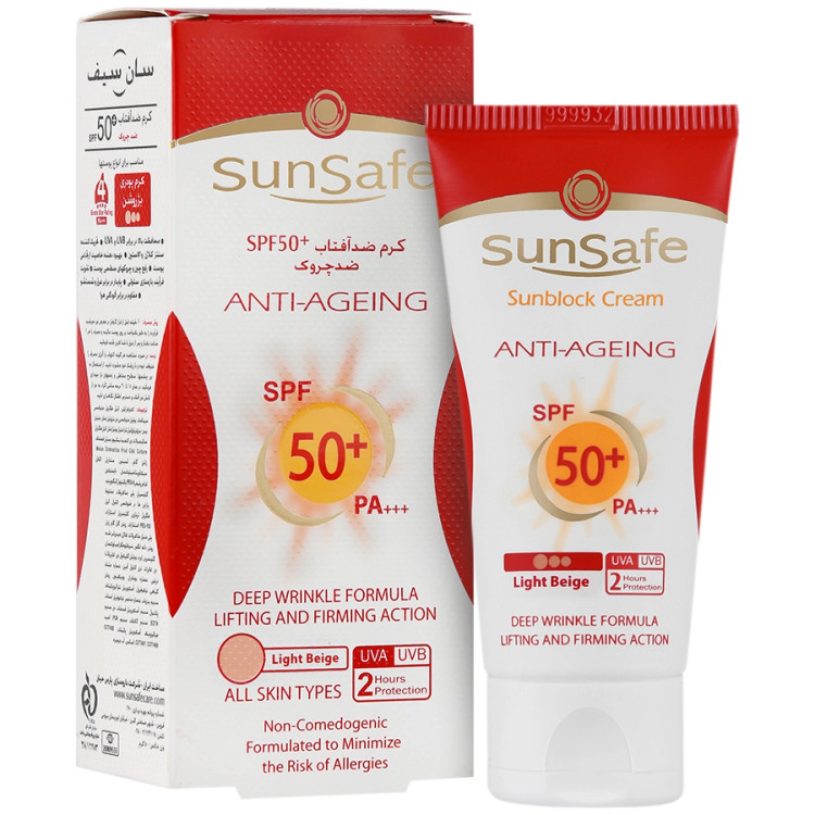 کرم ضد آفتاب و ضد چروک رنگی سان سیف با spf50 مناسب انواع پوست حجم 50 میلی لیتر